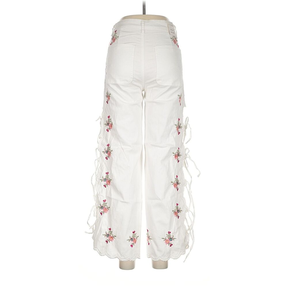 Zac & Zoe Paris White Floral Embroidered Wide Leg Lace Up Pants M 38 Boho Y2K - Picture 4 of 8